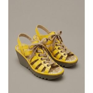 Fly London Yito Yellow Patent Leather Lace Up Wedge Sandals Womens 39